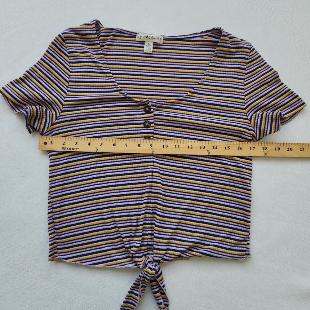 Eye Candy Striped Knot Front Short Sleeve Top Purple Yellow Summer - Picture 5 of 6